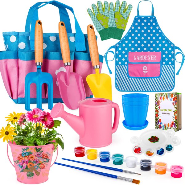 Kids Gardening Tools Set, Kids Gardening Plant and Paint Arts Crafts Set Gifts for Kids Aged 5-12, Wooden Garden Tools with Apron, Watering Can, Gloves & Painting Accessories, Easter Gifts for Girls