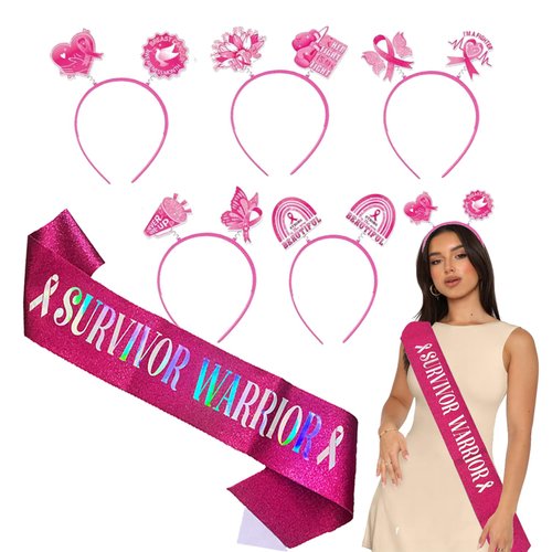 Atvscay Breast Cancer Awareness Ribbon Headbands and Survivor Sash Set for Women, Breast Cancer Party Supplies, Survivors Warrior Sash Gifts For Cancer Walks Or Fundraiser events (Peach pink, M)
