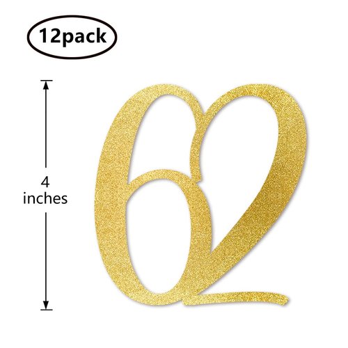 Gold Glitter 62nd Birthday Centerpiece Sticks, 12-Pack Number 62 Table Topper Anniversary Party Decorations