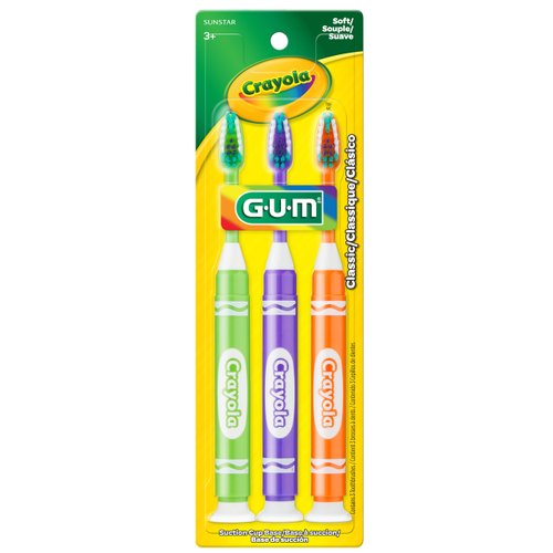 GUM Crayola Marker Children’s Toothbrush, Soft Bristled Kids’ Toothbrush Set Age 3+, Suction Cup Base, 3 Count