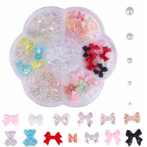 Mixed Colorful Resin Bow-Knot Nail Charms Bulk with Compartment Box 3D Aurora Butterfly Bear Bow Nail Art Charms for Acrylic Nail with Pearls Bowknot Nail Accessories for DIY Nail Decoration