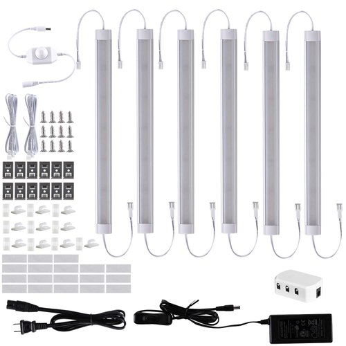 LED Under Counter Light Fixtures, 6pcs Hardwired Dimmable Cabinet Strip Lights Kit, 12 in 24V Plug in Linkable Cabinet Lights for Kitchen, Closet, Showcase, Bar, Shelf Lighting(Day White,6000K)