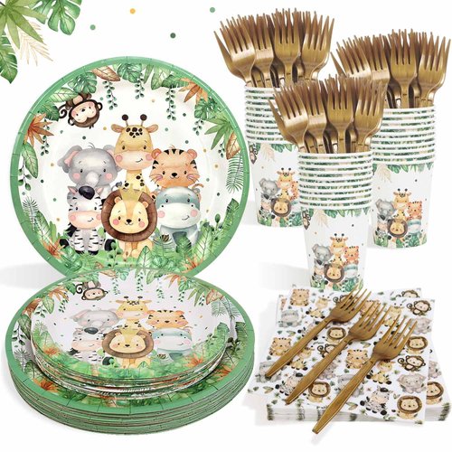 Safari Jungle Baby Shower Plates Set Decorations Boy Birthday Party Supplies Serves 25,Sage Green Plates Napkins Cups and Forks Animals Theme Disposable Tableware Set
