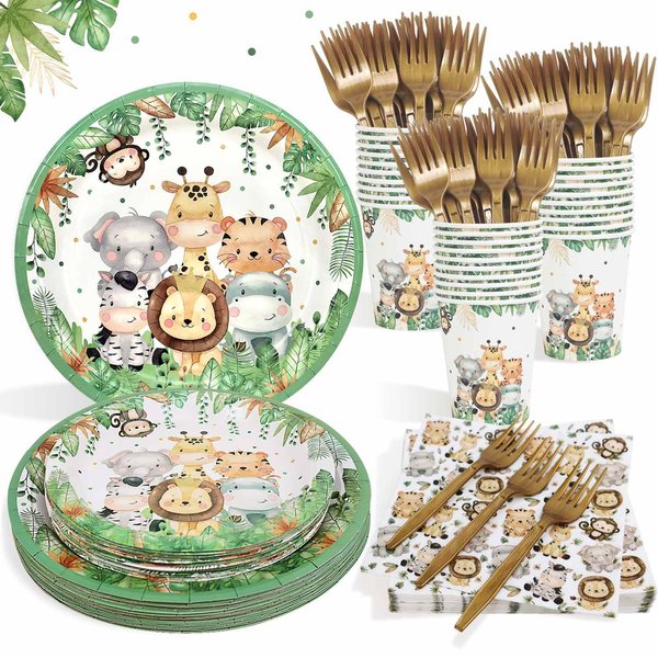 Safari Jungle Baby Shower Plates Set Decorations Boy Birthday Party Supplies Serves 25,Sage Green Plates Napkins Cups and Forks Animals Theme Disposable Tableware Set