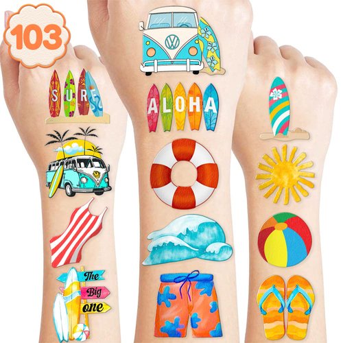 103 PCS Summer Surfing Surf The Big One Temporary Tattoos Birthday Theme Party Decorations Favors Supplies Decor Cute Beach Hawaiian Ocean Surfer Stickers Gifts for Boys Girls Carnival Class Prizes