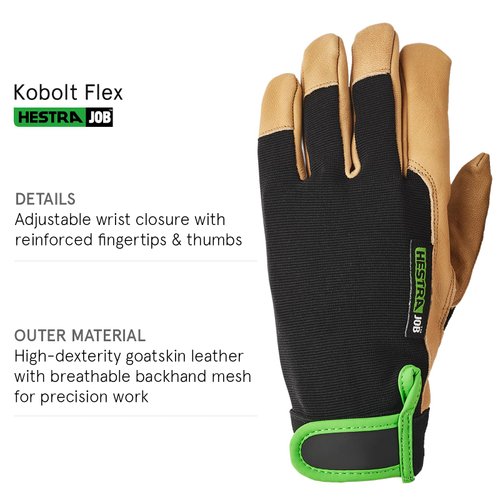 Hestra Work Gloves: Multi-Use Kobalt Flex Leather Gloves, Black/Tan, 9