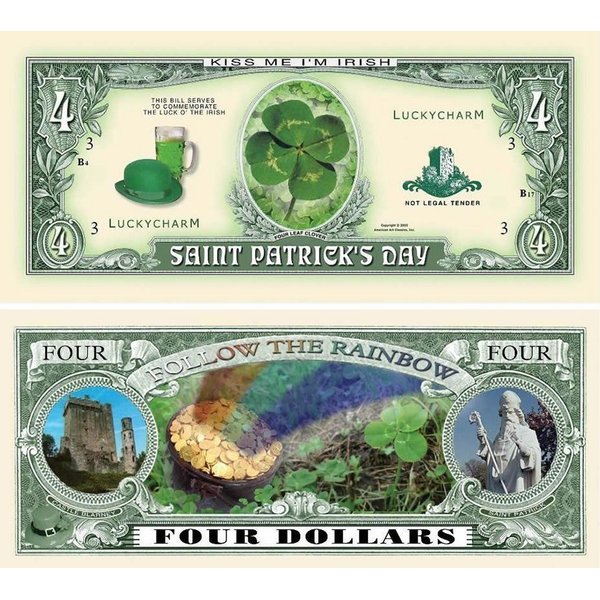 50 Saint Patrick Four Dollar Bill with Bonus “Thanks a Million” Gift Card Set