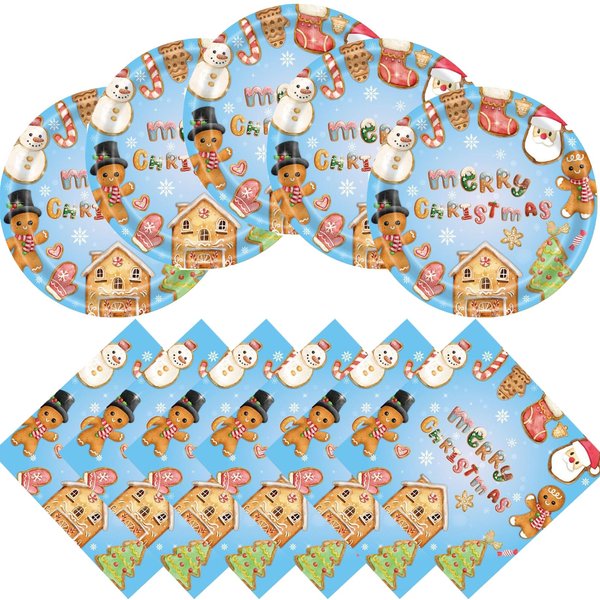Hzleyw Gingerbread Christmas Party Supplies Paper Plates and Napkins Gingerbread Man Christmas Disposable Dinnerware Set, Christmas Dinnerware Set, Merry Christmas Party Decorations Serves 20