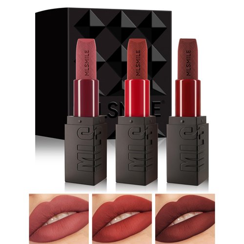 3 Pcs Matte Lipstick for Women Set, Rose Cherry Dark Red Brown Red Nude Matte Lipstick Long-Lasting Lip Makeup,Waterproof Smudge Proof Velvet Lip Gloss 24 Hours Lip Stick Lip Color Gift for Girl-Set B