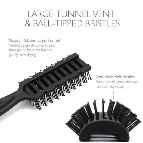 Baasha Hair Brush, Vented Brush for Blow Drying, Mens Short Hair Brush with Ball Tipped Bristles, Best for Wet or Dry Hair - Black