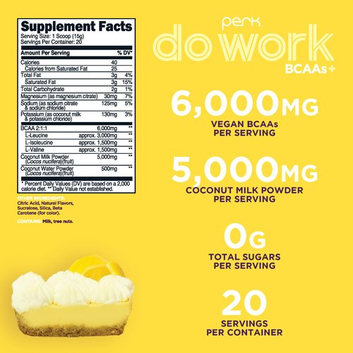Perk BCAAs + Hydration Electrolytes Powder (Lemon Tart Flavored, 20 Servings) - with Coconut Water and Coconut Milk