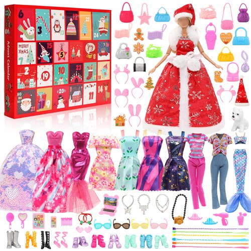 BARWA Advent Calendar 2024 With Doll Clothes and Accessories, 24 Days Christmas Countdown Calendar 57 Pcs Wedding Fshion Dress Mermaid Oufits Shoes Bags Glasses Hat Pet Necklace Crown for Kids