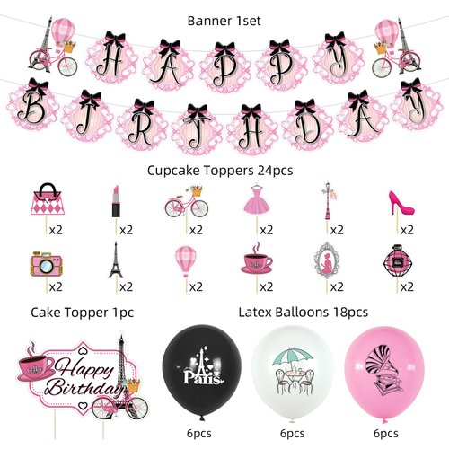 Pink Paris Birthday Party Decorations Set Happy Birthday Party Supplies Banner Cupcake Toppers Ballons for Girls Baby Shower Birthday Paris Eiffel Tower Theme