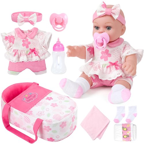 DONTNO 12 Inch Pink Baby Doll with Bassinet Bed,Reborn Baby Doll Includes Clothes and Accessories,Bottles,Nipple,Burp Cloth,Diaper,First Baby Dolls for Toddlers 36 Months and Up