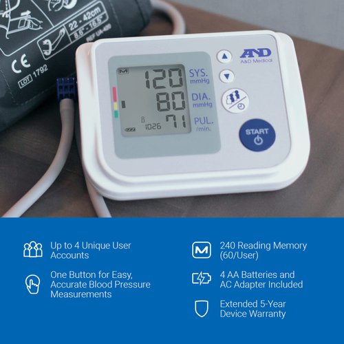 A&D Medical Premium Multi-User Blood Pressure Monitor, Wide Range Blood Pressure Cuff (22 - 42 cm / 8.6 - 16.5”) Home BP Monitor with AC Adapter