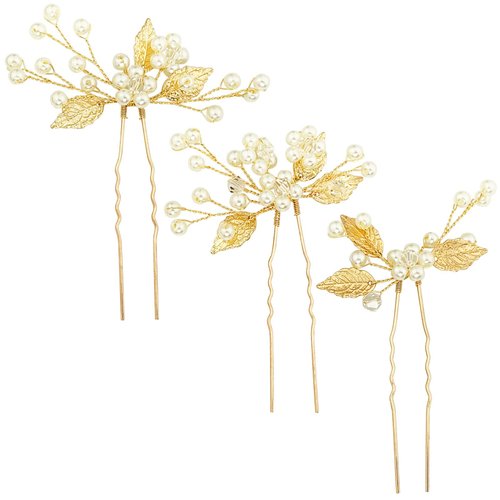 PRETTYLIFE Pearl Wedding Hair Pins U-Shaped Gold Leaf Hair Accessories Head Pieces for Bride Women Girls Party, Set of 3