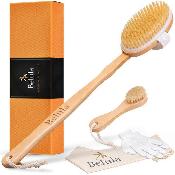 Belula Premium Dry Brushing Body Brush Set- Natural Boar Bristle Body Brush, Exfoliating Face Brush & One Pair Bath & Shower Gloves. Free Bag & How To – Great Gift For A Glowing Skin & Healthy Body