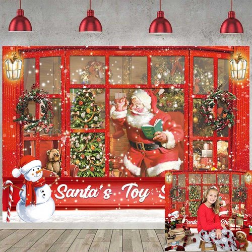 XCKALI Christmas Santa's Toy Shop Backdrop Red Santa Snowman Gift Shop Christmas Store Background Santa's Toy Shop Decoration for Xmas Party Holiday Party Supplies 8x6FT