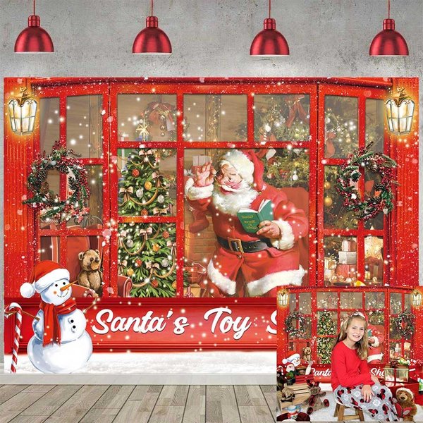 XCKALI Christmas Santa's Toy Shop Backdrop Red Santa Snowman Gift Shop Christmas Store Background Santa's Toy Shop Decoration for Xmas Party Holiday Party Supplies 8x6FT