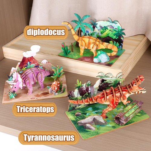 Wooden 3D Dinosaur Puzzles Set for Kids Age 8-10-12-14, DIY Wooden Art and Crafts Assemble 3D Dinosaur Model Puzzle, Home Decor and Office Art Creative Gifts for Adults (Triceratops)