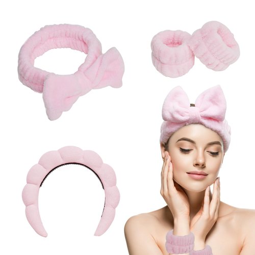 Babyfond Spa Headband, 4 Pcs Face Wash Wristbands Set, Reusable Spa Skincare Towel Headband for W...