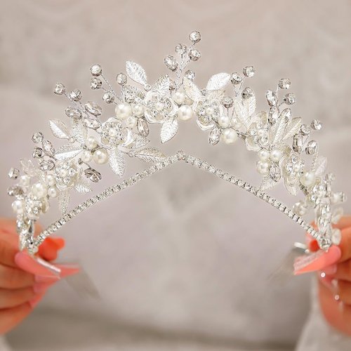 Latious Leaf Bride Wedding Tiaras Silver Rhinestone Princess Headwear Pearl Bridal Headpiece for Women (Silver)