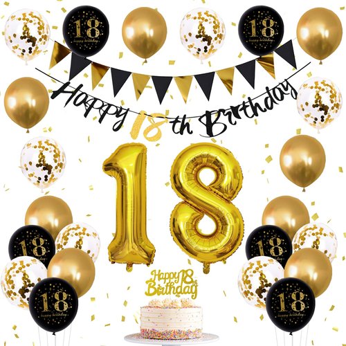 Jobkoo 18th Birthday Decorations, Black Gold 18th Birthday Party Decoration for Boys Girls Golden Black 18th Birthday Balloons Cake Topper 18th Birthday Banner for 18 Year Old Birthday Party Supplies
