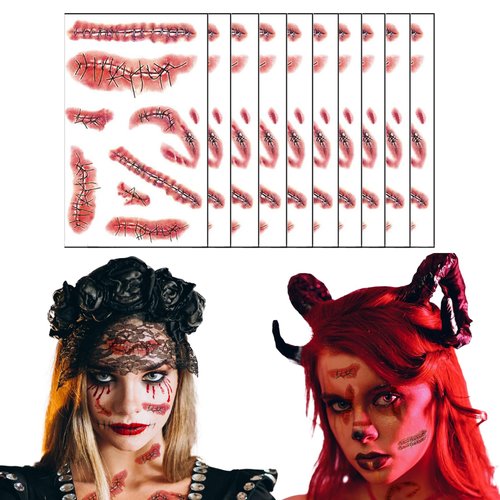 10 Sheets Halloween Face Body Temporary Tattoos for Adults Kids, Scary Realistic Fake Bloody Woun...