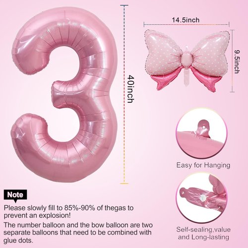 40 Inch Pink Number 3 Balloon & Mini Bow Balloon for Girl Birthday Party Decorations, 3rd Birthday Party Decorations Pink Theme Party Balloons Decorations Supplies