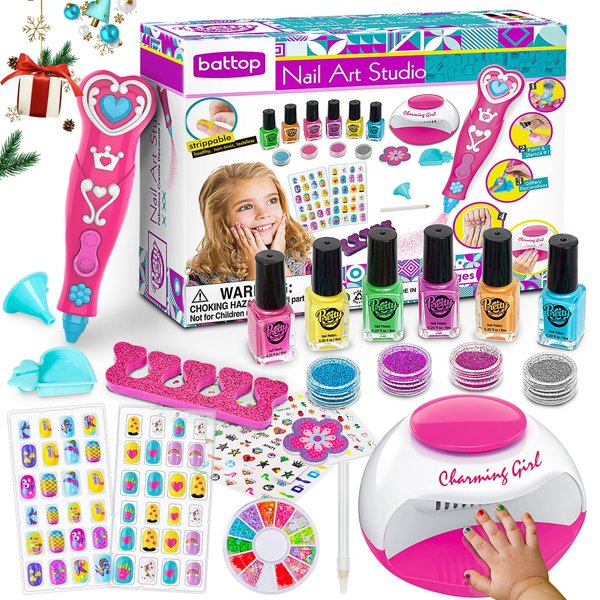 BATTOP Kids Nail Polish Set for Girls, Nail Art Kits with Nail Dryer & Glitter Pen, Quick Dry & Peel Off & Non-Toxic Nail Polish, Christmas Birthday Gifts for Girls Ages 6 7 8 9 10 11 12