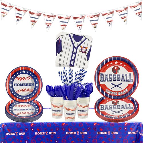 Baseball Party Supplies - Baseball Tableware Kit Including Plates, Cups, Napkins, Spoons, Knives, Forks, Tablecloth, Banner, Sports Party Pack for Kids, Baseball Fans Birthday Decor, Serves 20