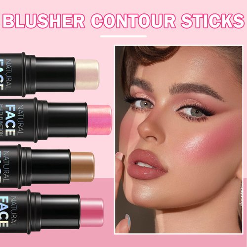 DAMUSI 6PCS Highlighter and Contour Sticks,Shades with Highlighter Stick,Cream Bronzer Stick,Cream Blush Stick for Sculpt the Cheeks,Lightweight Contour Makeup Kit for Beginners - Set B