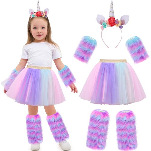 Tacobear Unicorn Costume for Girls with Fluffy Gloves, Furry Leg Warmers, Tutu Skirt, Horn Headband, Halloween Birthday Gift Toy Dress Up Clothes Outfit Unicorn Dresses for Little Girls 4 5 6 7 8