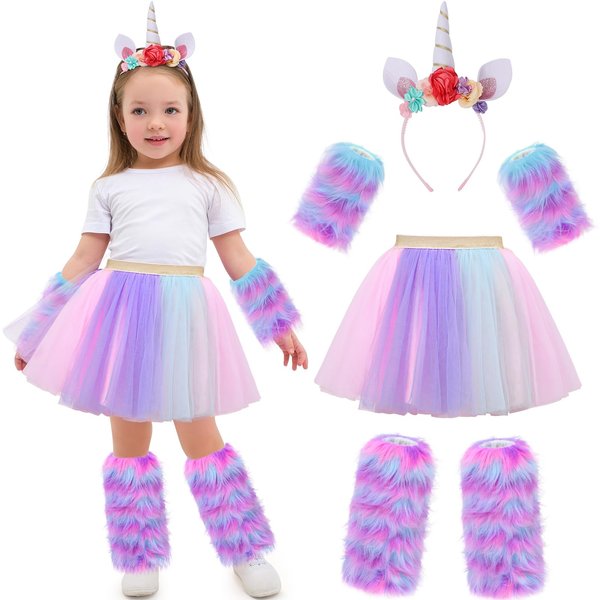 Tacobear Unicorn Costume for Girls with Fluffy Gloves, Furry Leg Warmers, Tutu Skirt, Horn Headband, Halloween Birthday Gift Toy Dress Up Clothes Outfit Unicorn Dresses for Little Girls 4 5 6 7 8