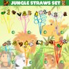 24 PCS Jungle Drinking Crazy Straws for Kids | Jungle Themed Animals Birthday Party Supplies Favors Decorations with 24 PVC Safari Charm, 2 Cleaning Brushes Reusable Straw