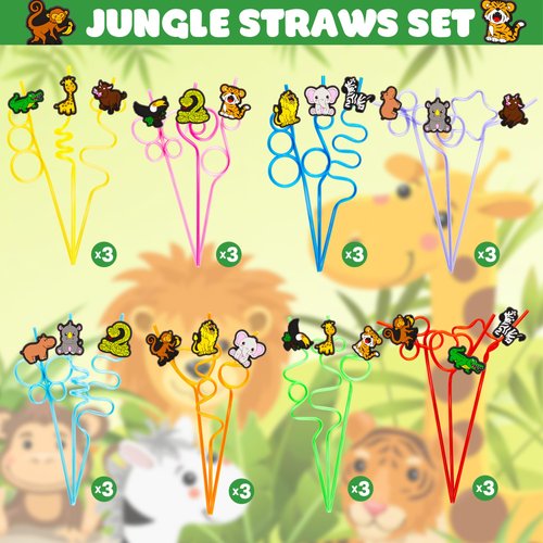 24 PCS Jungle Drinking Crazy Straws for Kids | Jungle Themed Animals Birthday Party Supplies Favors Decorations with 24 PVC Safari Charm, 2 Cleaning Brushes Reusable Straw
