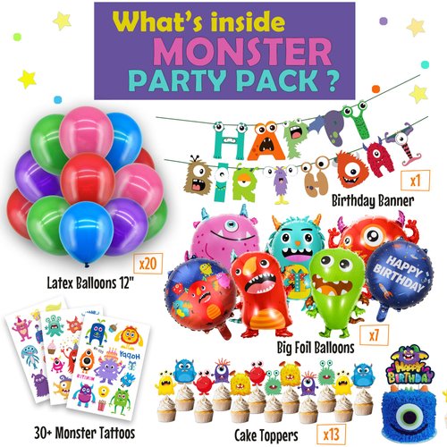 Monster Birthday Party Supplies, Monster Party Decorations - Monster balloons, cupcake & cake toppers, birthday banner, tattoos