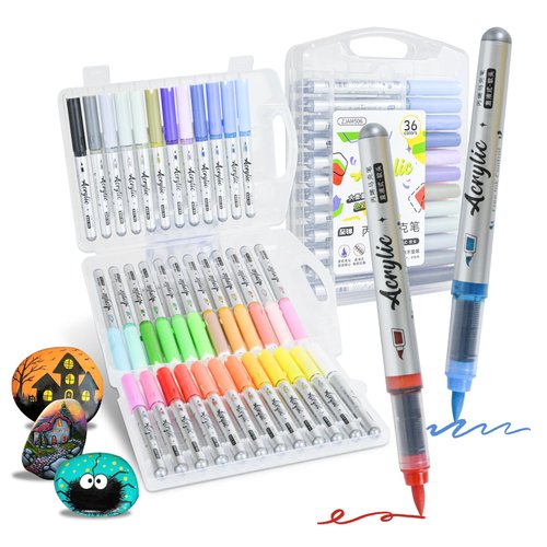 36 Colors Acrylic Paint Pens, Non-pumping Water-Based Ink, Brush Fine Tip Acrylic Paint Markers for Rock Painting, Canvas, Wood, Glass, Ceramic, Fabric, Acrylic Paint Markers Set for Painting Supplies