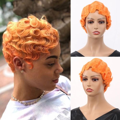 Sheila Beauty Short Wigs for Black Women Finger Wave Wig Orange Pixie Cut Curly Wig for Women Natural Looking Short Hair Wig Wavy Synthetic Hair Wigs (Orange)