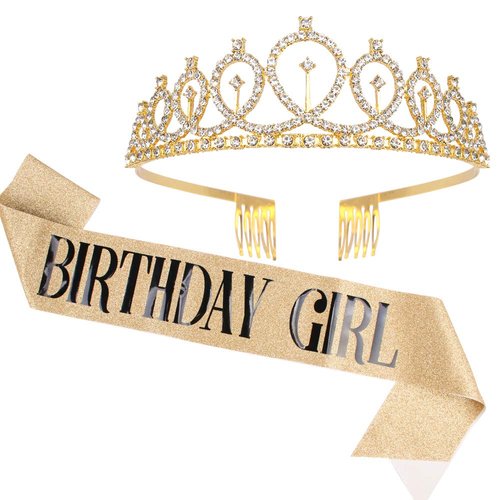 Didder Birthday Crown, Gold Birthday Girl Sash & Rhinestone Tiara Set, Birthday Tiara Birthday Crowns for Women Birthday Sash and Tiaras for Women Girls Birthday Gifts Party Accessories