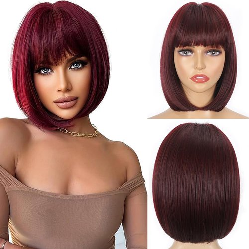 GUOJIAN 12 Inch Short Bob Wigs with Bangs Straight Bob Wigs for Women Synthetic Bob Wigs Natural Looking for Daily Party Cosplay (12inch, wine red)
