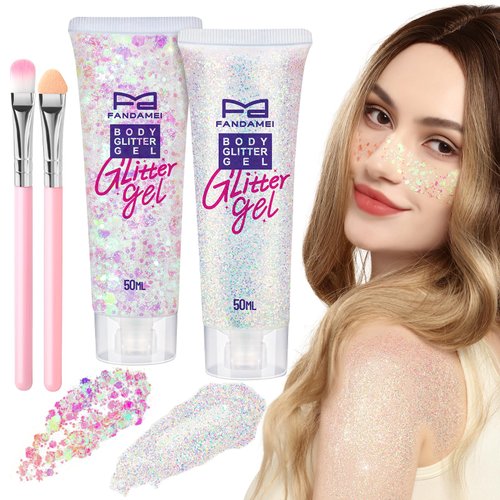FANDAMEI Body Glitter, 2PCS Body and Face Glitter White, 1PCS Chunky Glitter 1PCS Fine Glitter Gel, Face Glitter Makeup, Hair Glitter Gel, Glitter for Mermaid Makeup, Halloween Festival Rave Glitter