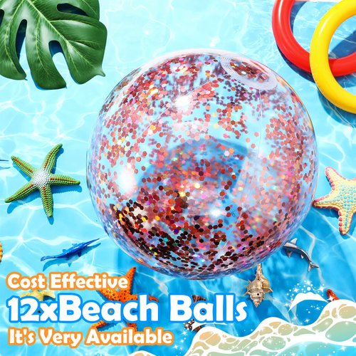 Lewtemi 12 Pcs 24 Inch 16 Inch Inflatable Glitter Beach Balls Clear Confetti Swimming Balls Jumbo Pool Balls for Outdoor(Rose Gold)
