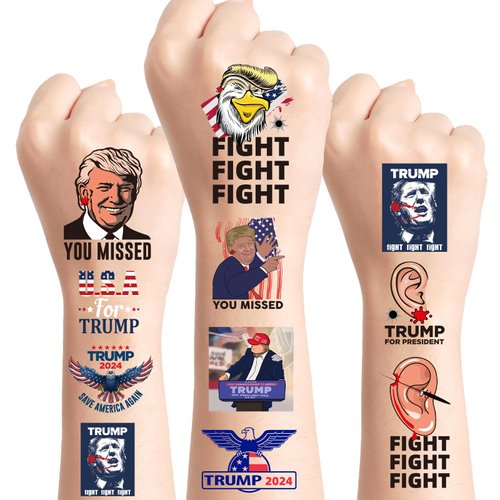 Waterproof Trump Temporary Tattoos Stickers - 6 Sheets Trump Shoot Temporary Tattoos for Male Shoulder and Arm, Trump Take America Back Realistic Fake Tattoo Stickers for Funny Party Prank Supplies