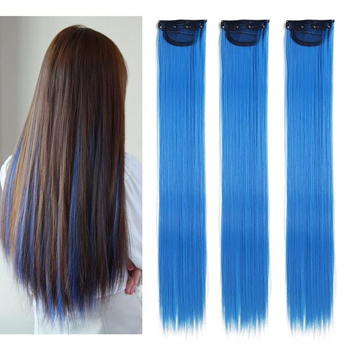 Blue Clip in Hair Extensions Colored Long Straight Hairpieces Colorful Thick Hair Accessories for Women Girls Kids Hair Pieces(Crystal Blue)