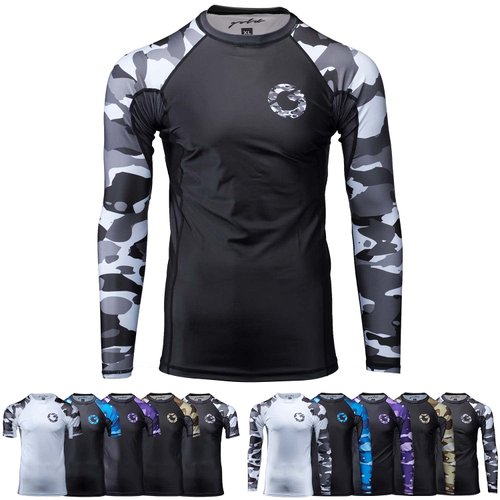 Gold BJJ Jiu Jitsu Rashguard - Camo Long Sleeve Rash Guard Compression Shirt for No-Gi, Gi, & MMA (Black Camo, L)
