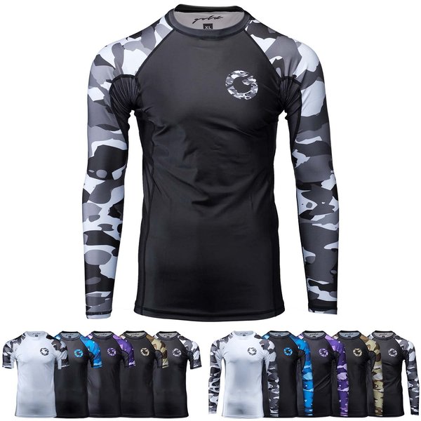 Gold BJJ Jiu Jitsu Rashguard - Camo Long Sleeve Rash Guard Compression Shirt for No-Gi, Gi, & MMA (Black Camo, L)