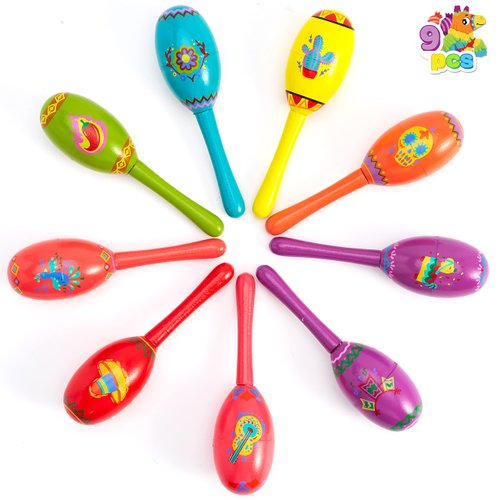 JOYIN 9 Pcs Fiesta Wooden Maracas 9 Designs Noisemaker for Cinco De Mayo Party Favors, Mexican Musical Fun, Carnivals, Taco Tuesday Event, Mexican Decorations, Luau Party
