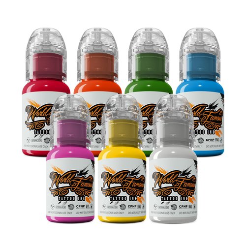 World Famous Tattoo Ink - 7 Color Simple Tattoo Kit - Professional Tattoo Ink in Color Assortment - Skin-Safe Permanent Tattooing - Vegan & Non-Toxic (0.5 oz Each)