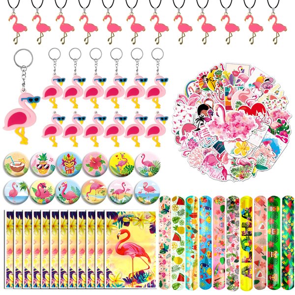 BANBALLON 110 PCS Flamingo Party Favors Pink Flamingo Goodie Bags with Keychains, Stickers, Slap Bracelets, and Bags for Flamingo Themed Birthday Party Hawaiian Aloha Party